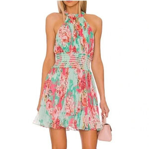 Rococo Sand floral pleated dress in mint green and coral mini dress